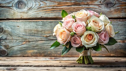 A delicate, long-stemmed rose bouquet rests against a rustic wooden background, exuding elegance and romance with its soft pastel petals and subtle natural textures.