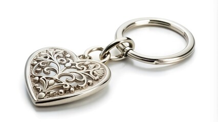 A delicate, shiny silver heart-shaped keychain with intricate details and a tiny attached ring, perfect for symbolizing love, friendship, or sentimental gestures.