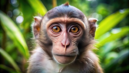 Obraz premium Adorable close-up of a curious monkey's expressive face, with bright inquisitive eyes, soft fur, and a playful smile, set against a blurred green jungle background.