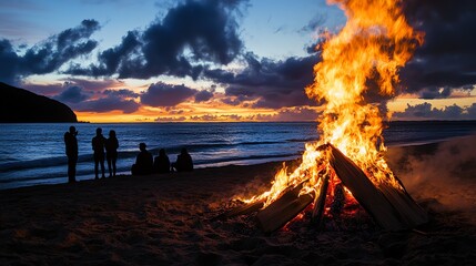 A group of friends gather around a roaring bonfire on a beach at sunset.