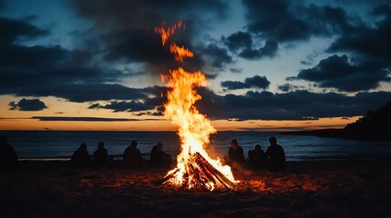 A group of friends gather around a roaring bonfire on a beach at night, the flames casting an orange glow against the dark sky.