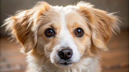 Adorable fluffy dog's face with sweet brown eyes and nose, showcasing innocence, curiosity, and affection.