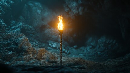 A single torch burns brightly in a dark and mysterious cave, casting an eerie glow on the rough stone walls.