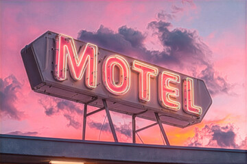 This image captures a retro neon motel sign illuminating against a vivid sunset sky, with stunning pink and purple hues, evoking a sense of nostalgia and roadside adventure.