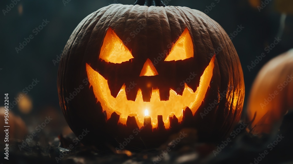 Poster a close-up of a glowing jack-o-lantern with a menacing grin, illuminated from within.