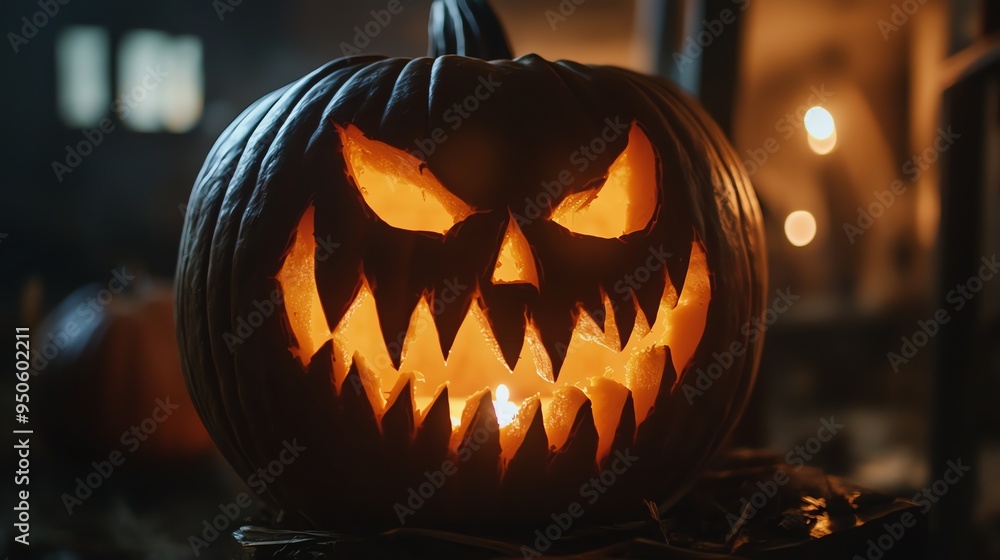 Poster a close-up of a carved pumpkin with a menacing grin, illuminated from within by a flickering candle.