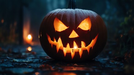 Naklejka premium A glowing jack-o'-lantern sits on a dark, wet forest floor, its menacing grin illuminated by a flickering candle.