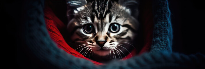 a gray kitten looks at the red Christmas lights hanging in the background. Banner