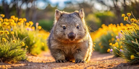 Adorable marsupial wombat sitting on a sunny outback trail, its soft fur and cute facial expression captivating attention amidst Australian native grasses and flowers.