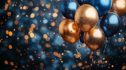 vibrant celebration scene golden and sapphire balloons floating upward shimmering confetti rain dreamy bokeh lights festive atmosphere joyous energy