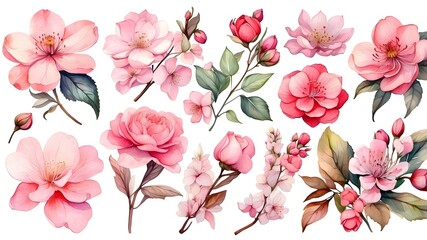 Set of lovely blossom ,Watercolor assortment of hand drawn blossoms , Organic plant representation straightforward foundation,