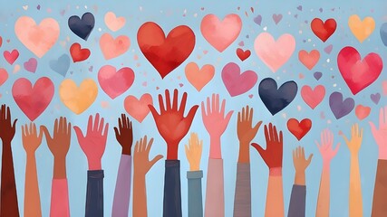Gathering of assorted individuals with arms and hands lifted towards hand painted hearts. Donations to charities, volunteering, support, and assistance Community that is multicultural. Diverse populat