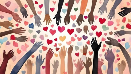 Gathering of assorted individuals with arms and hands lifted towards hand painted hearts. Donations to charities, volunteering, support, and assistance Community that is multicultural. Diverse populat