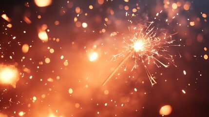 Fototapeta premium A single sparkler burns brightly against a backdrop of warm, glowing bokeh lights. The image evokes a sense of celebration and joy.