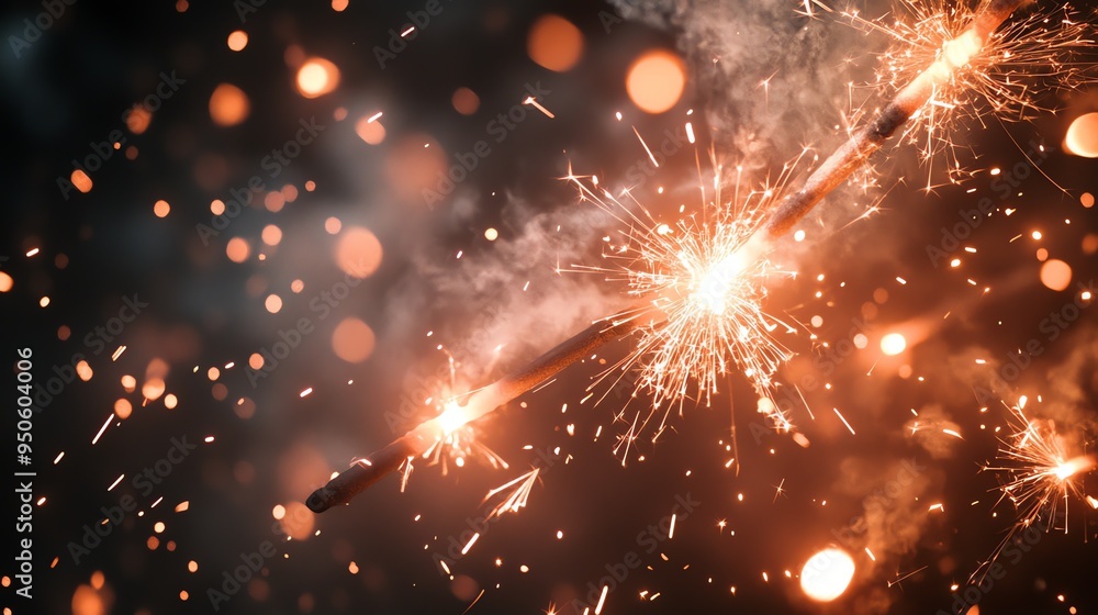 Poster a close-up of a burning sparkler, creating a dazzling display of light and sparks against a dark bac
