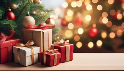 Close up of christmas gifts under the christmas tree, festive holiday background
