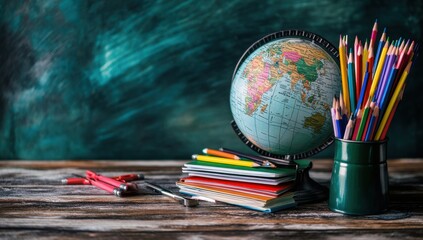 Obraz premium School supplies on a desk with a green background and a globe