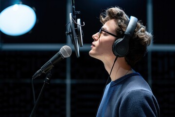 A young man wearing headphones and recording vocals into a microphone in a professional music studio, showcasing music production.
