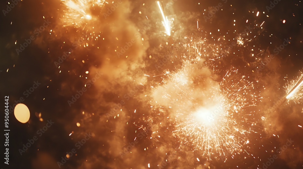 Poster a warm and inviting image of fireworks exploding in the night sky. the sparks are bright and beautif