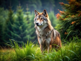 Fototapeta premium A Lone Wolf With Striking Reddish Fur Stands Majestically Against A Backdrop Of Tall Grass And Trees.