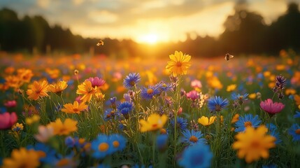 vibrant wildflower meadow in full bloom under golden summer sunlight diverse flora buzzing pollinators idyllic countryside