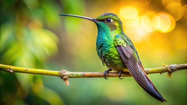 A magnificent sword-billed hummingbird perches on a delicate branch, its iridescent feathers glistening in the sunlight, its impressive bill gleaming with subtle, emerald-green hues.
