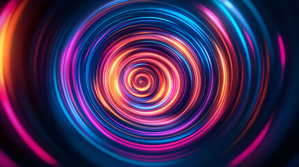Abstract colorful circular lines on dark blue background, copy negative space, radial moving flow glow, optical art, 3d illustration