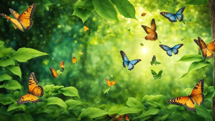 Illustration of Butterflies flying and dancing in a Green Paradise of a green forest