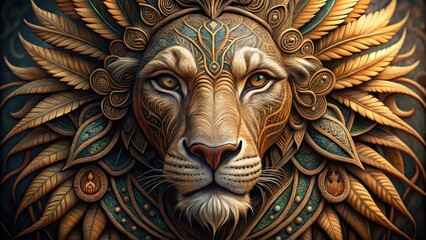 A majestic lion's face blends with an intricately patterned tribal mask, featuring organic textures and earthy tones, evoking a sense of primal elegance and mystery.