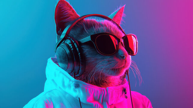 A trendy cat dressed in sunglasses and headphones, striking a pose against a vibrant neon background, showcasing a cool and modern vibe that captivates with its unique flair.