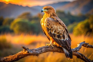 Fototapeta premium A majestic tawny eagle perches regally on a weathered branch, its golden-brown plumage glistening in the warm sunlight, gazing intently into the serene wilderness.