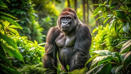 Obraz premium A majestic western lowland gorilla stands upright in a lush jungle clearing, its thick fur glistening in the dappled sunlight amidst vibrant green foliage.