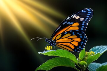 Fototapeta premium Butterfly emerging into the sunlight, illustrated with rays of light shining down on the butterfly as it takes its first flight