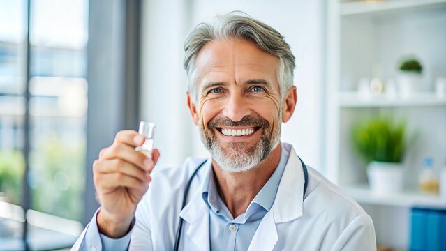Middle-aged man holds vial of medication, smiling confidently in a bright doctor's office, symbolizing successful hormone therapy and improved overall well-being.
