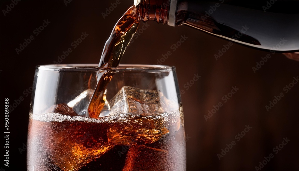 Poster close up cola drink liquid pouring in a glass on dark background ai generated image