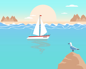 Naklejka premium Summer illustration, seascape with white yacht, seagull, mountains at sunset or sunrise. Pastel colors. Print, clip art, poster
