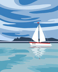 Naklejka premium Colorful white yacht in the ocean, seascape with cloudy sky. Travel concept. Summer illustration, vector
