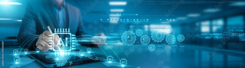 Poster ai. businessman analyzing artificial intelligence data and predictive growth graph generated by ai o