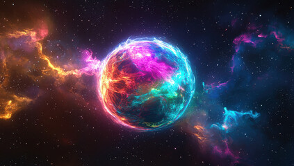 Obraz premium An artistic depiction of an abstract colorful nebula or starburst in outer space, glowing with vibrant hues against a dark, star-filled cosmic background.