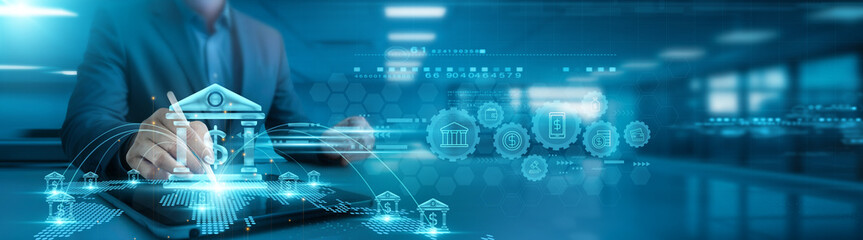 Banking. Businessman analyzing bank financial statements and market trends graph on office table with tab, looking at profit margins, investment opportunities, and balance sheets.