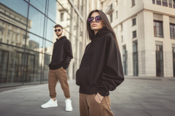 Man and woman wearing mock up black hoodies