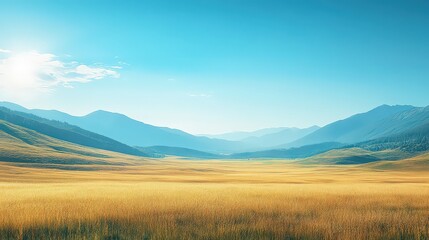  vast, golden field under a bright blue sky with distant mountain ranges, representing the serene and expansive beauty of nature.