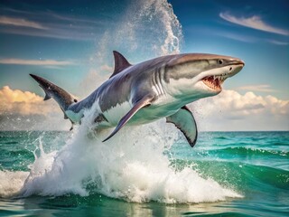 A powerful great white shark breaches the surface of the ocean, its sleek gray body and sharp fins slicing through the turquoise water in pursuit of prey.