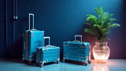 Space-Age Metallic Blue Suitcases Against Starry Sky Wall with Alien-Inspired Glowing Plant
