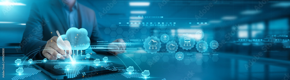 Poster cloud computing. businessman analyzing data trends and cloud computing metrics on office table with 