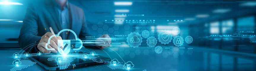 Cloud security. Businessman analyzing cloud security metrics and data trends graph displayed on...