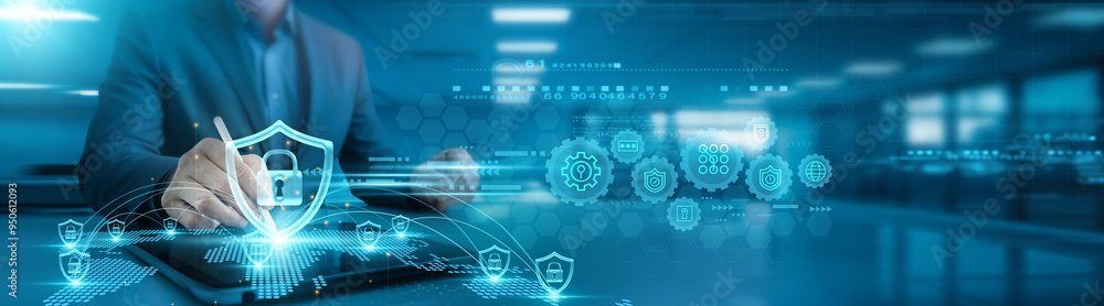 Aufkleber cybersecurity. businessman analyzing cybersecurity trends and threat detection graph data on office 