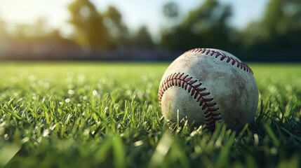  well-worn baseball resting on the grass, bathed in warm sunlight, symbolizing the enduring spirit of America's pastime.