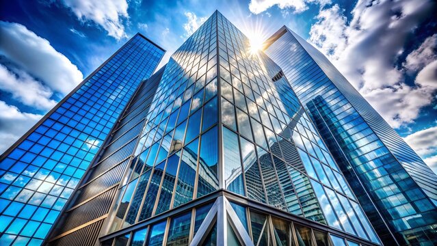 Modern commercial high-rise building with sleek glass facade reflecting surrounding cityscape, geometric lines and angular architecture contrasting with natural blue sky.