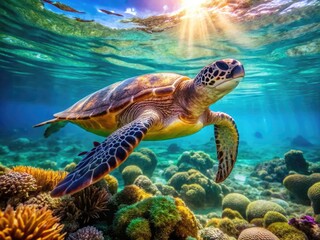 Fototapeta premium A serene green sea turtle swims gracefully amidst vibrant coral reef, its shell glistening with warm sunlight filtering down through the crystal-clear turquoise ocean waters.